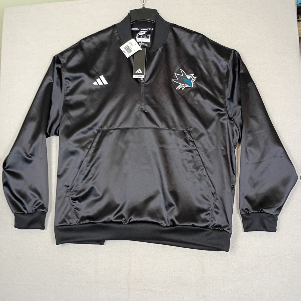 Adidas NHL San Jose Sharks Quarter Zip Satin Bomber Jacket Black IT8999 2XL NWT